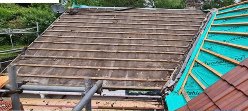 Roof stripped to battens and membrane during replacement