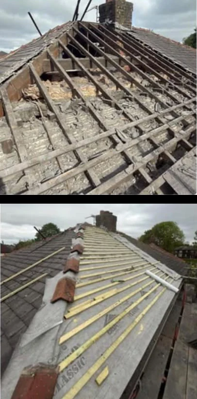 Roof stripped to rafters and re-felted with battens during work
